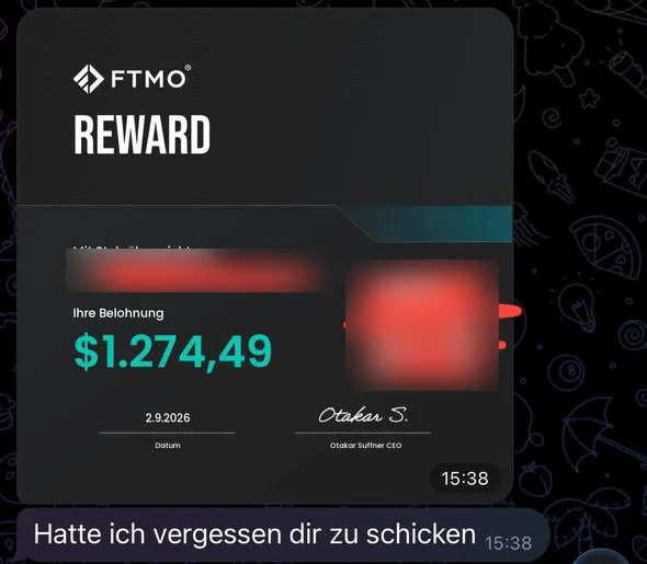 FTMO reward certificate for $1,274.49 dated 2 September 2026, shared in a Telegram chat
